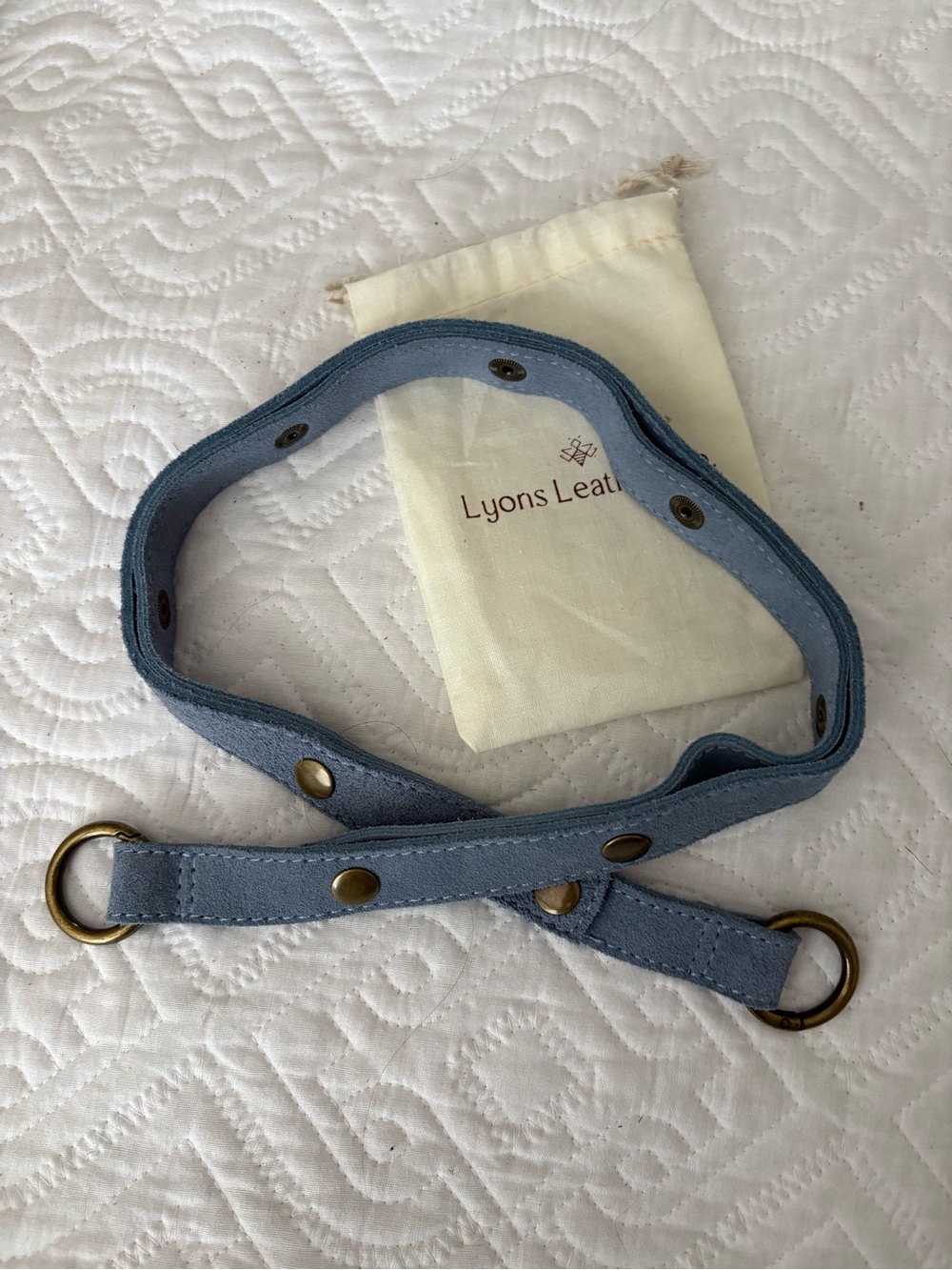 Sky Blue Suede Strap with Antique Brass Rings - Lyons Leather